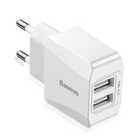 HKM-907155 Universal Dual USB Wall Charger for Mobile Devices, EU Plug, 2100mA Output, Compatible with iPhone Models