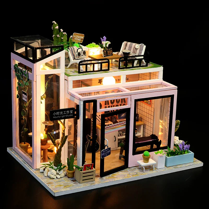 HKM-907347 DIY Wooden Miniature Dollhouse with LED Light - Educational Craft Kit for Kids Ages 6+
