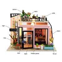 HKM-907347 DIY Wooden Miniature Dollhouse with LED Light - Educational Craft Kit for Kids Ages 6+