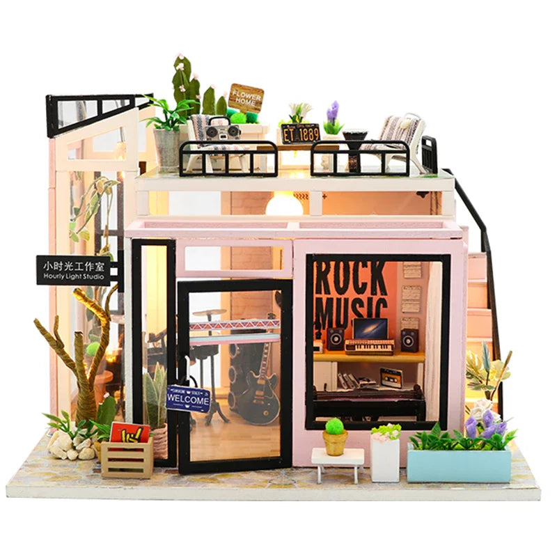 HKM-907347 DIY Wooden Miniature Dollhouse with LED Light - Educational Craft Kit for Kids Ages 6+