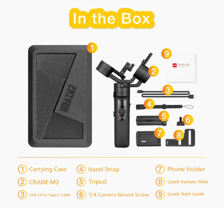 HKM-907603 Handheld Anti-Shake Stabilizer for Cameras and Smartphones, 310° Tilt, 324° Roll, 360° Pan, 1100mAh Battery