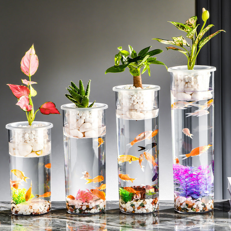 HKM-907923 Transparent Mini Column Fish Tank for Creative Desktop Eco Decoration