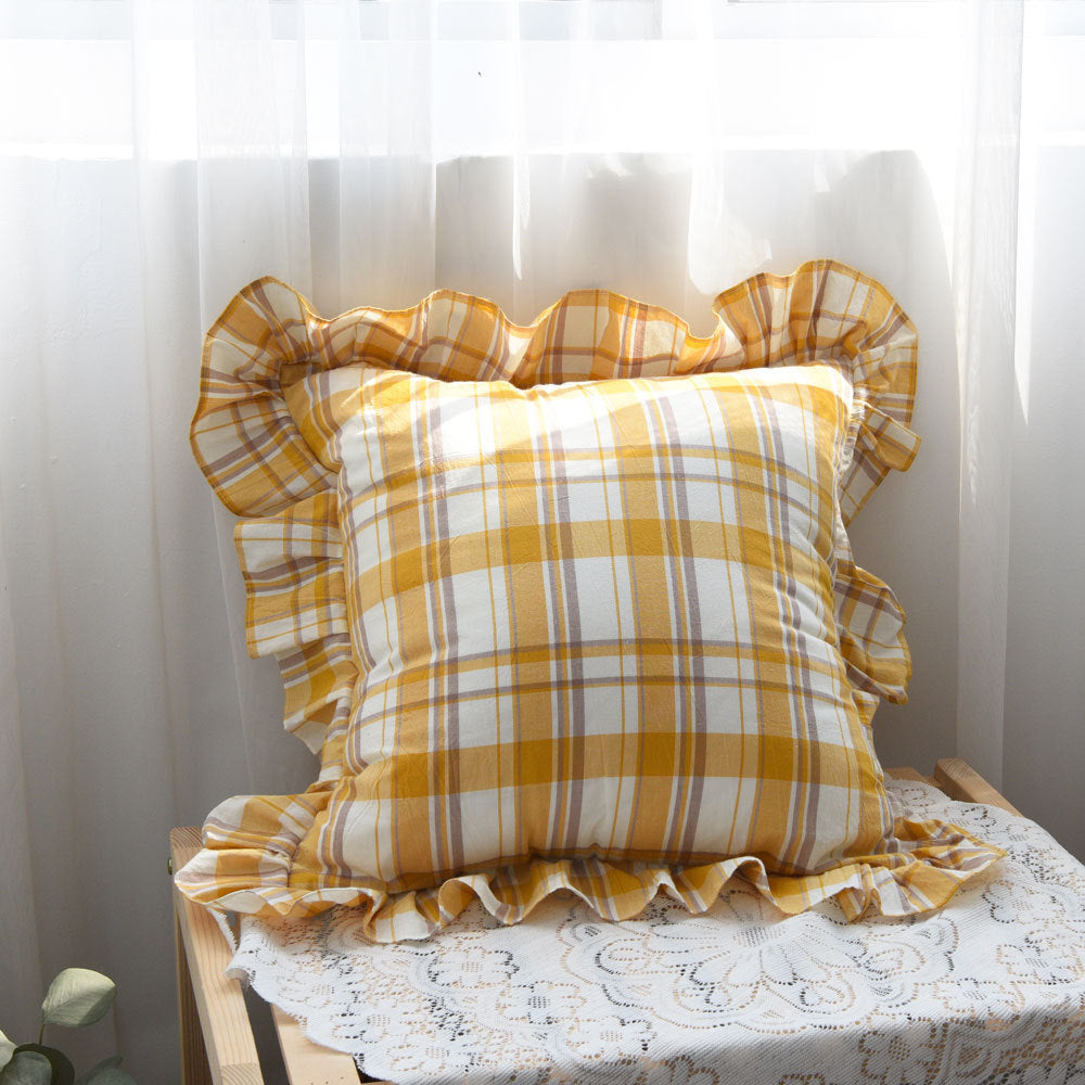 HKM-908307 Plaid Cotton Rectangular Ruffled Pillowcase - Multiple Sizes Available
