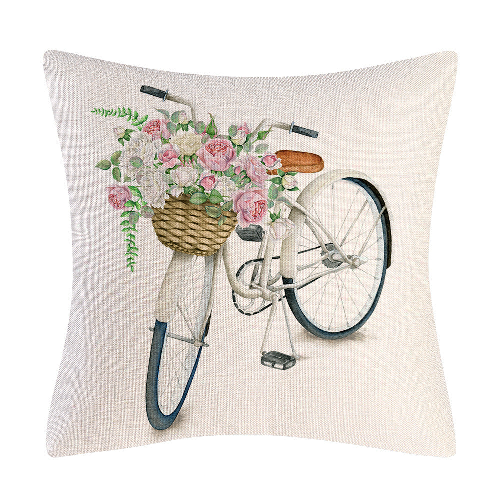 HKM-908947 Tulip Farm Bike Floral Linen Cushion Pillowcase 45x45cm