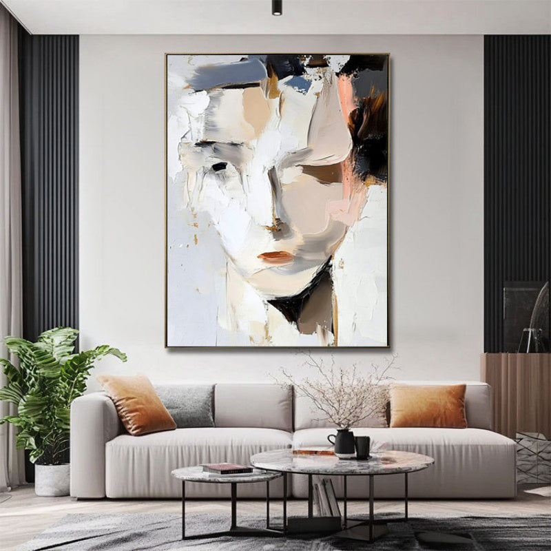 KTX-909331 Hand-Painted Abstract Woman Portrait Canvas Art - Modern Black and White Home Decor