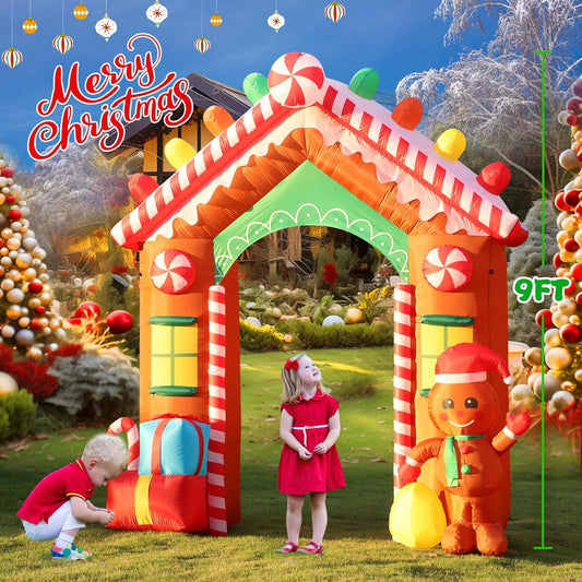 HKM-909587 9 FT Inflatable Christmas Archway with Gingerbread Man and Gift Boxes, LED Lights for Outdoor Holiday Decor