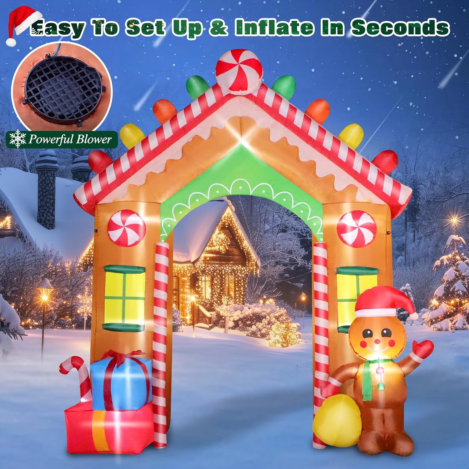HKM-909587 9 FT Inflatable Christmas Archway with Gingerbread Man and Gift Boxes, LED Lights for Outdoor Holiday Decor