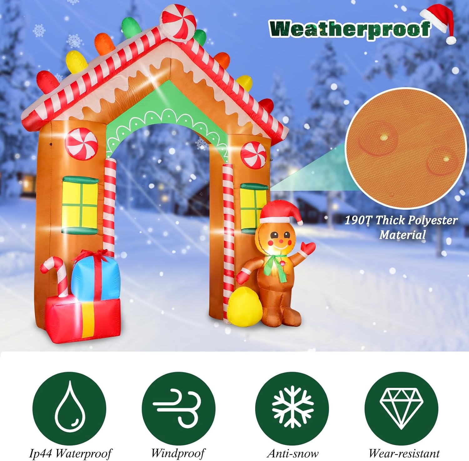 HKM-909587 9 FT Inflatable Christmas Archway with Gingerbread Man and Gift Boxes, LED Lights for Outdoor Holiday Decor