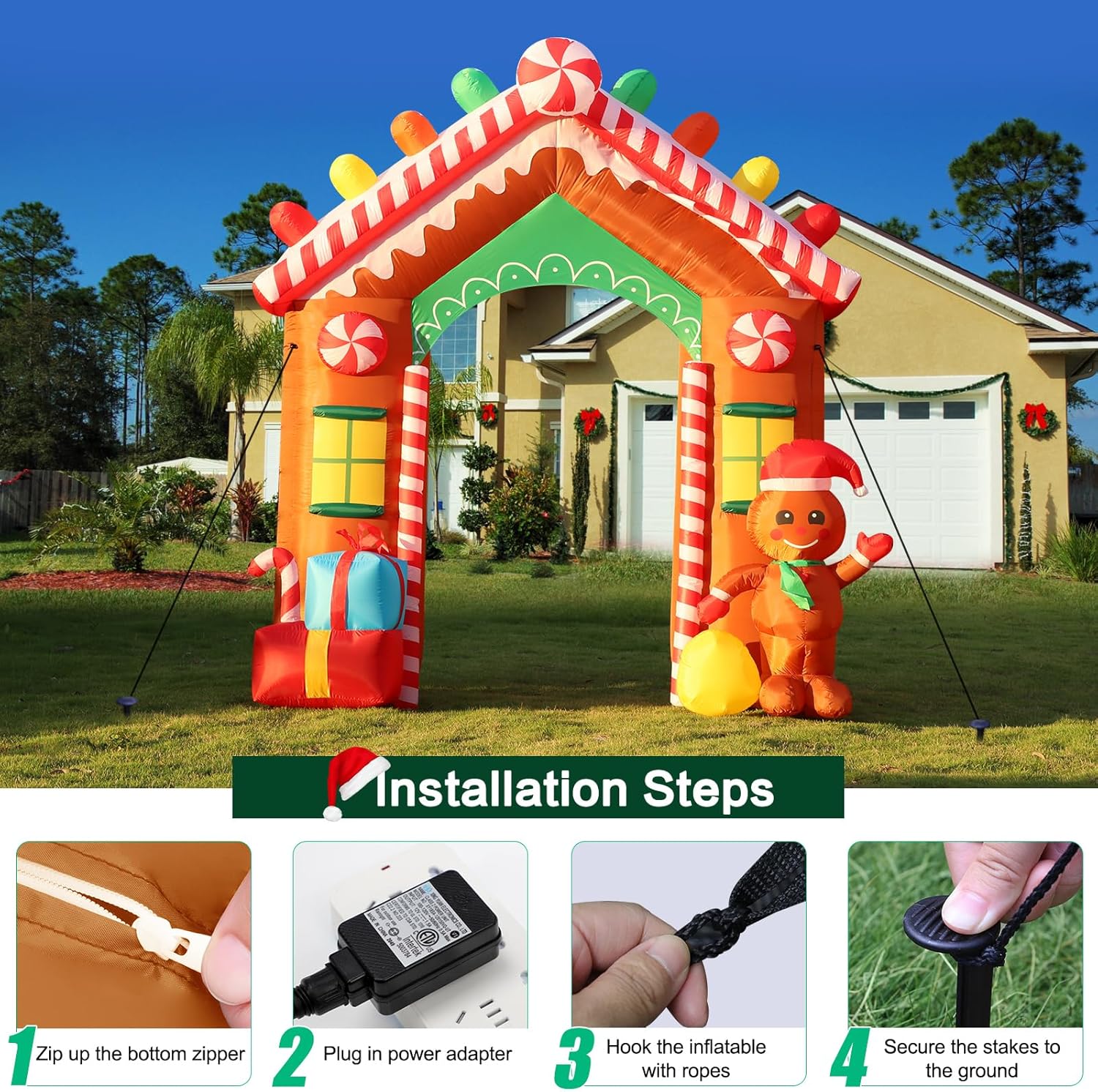 HKM-909587 9 FT Inflatable Christmas Archway with Gingerbread Man and Gift Boxes, LED Lights for Outdoor Holiday Decor