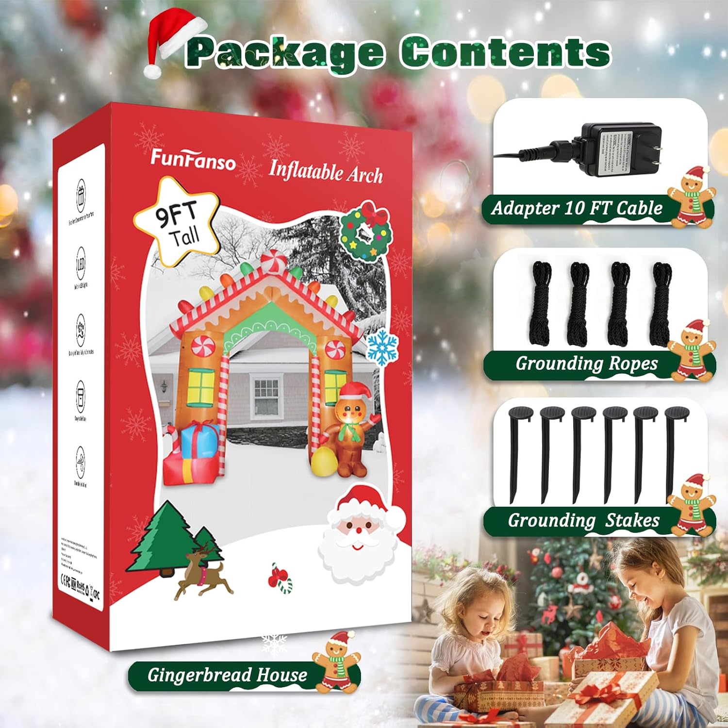 HKM-909587 9 FT Inflatable Christmas Archway with Gingerbread Man and Gift Boxes, LED Lights for Outdoor Holiday Decor