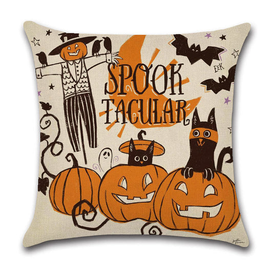 KTX-910227 Halloween Cartoon Linen Throw Pillowcase with Cute Animal and Geometric Patterns, 45x45cm