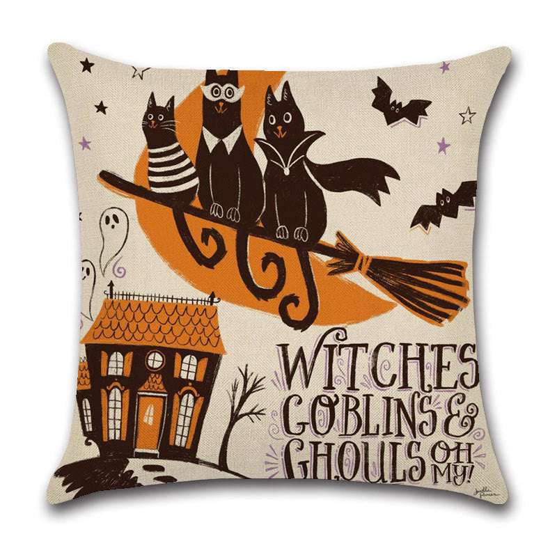 KTX-910227 Halloween Cartoon Linen Throw Pillowcase with Cute Animal and Geometric Patterns, 45x45cm