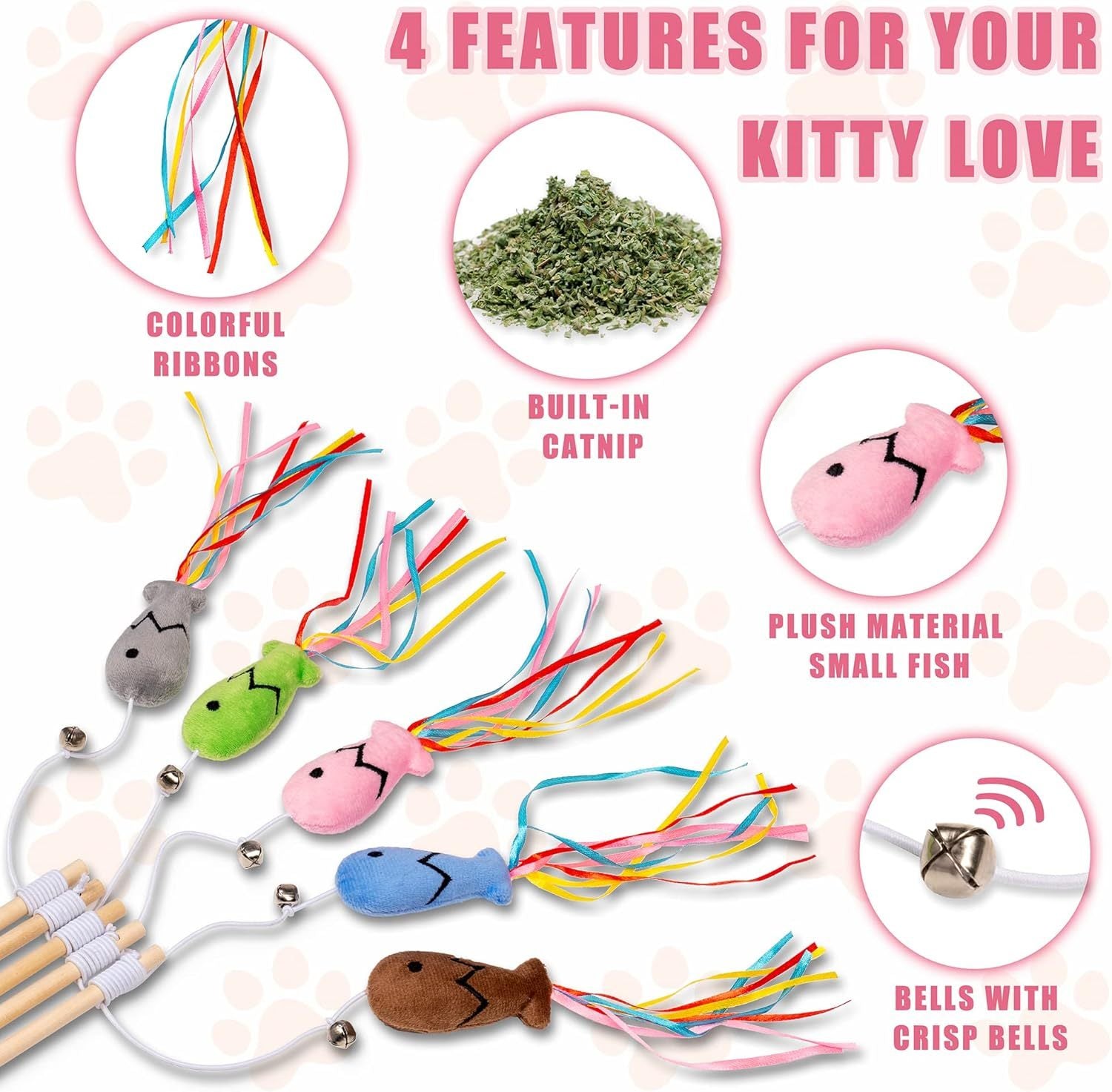 HKM-910227 Interactive Cat Wand Toy with Catnip Fish, Colorful Ribbons, and Bell for Kittens and Indoor Cats