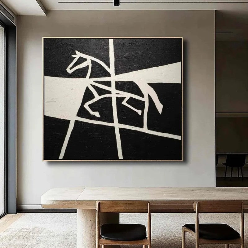 HKM-910483 Black and White Handmade Oil Painting of Horse on Canvas for Home Decor