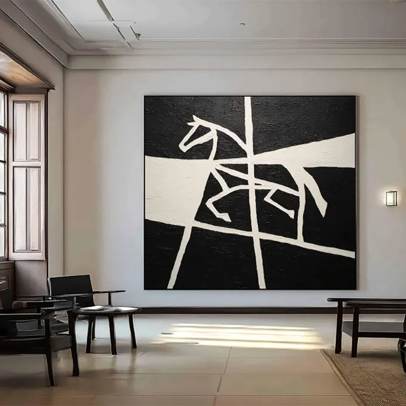 HKM-910483 Black and White Handmade Oil Painting of Horse on Canvas for Home Decor