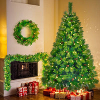 HKM-910675 6FT Grass Green Pre-Lit Christmas Tree Set with Garland and Wreath, Artificial with Pine Cones and LED Lights
