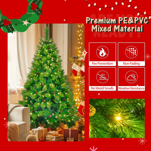 HKM-910675 6FT Grass Green Pre-Lit Christmas Tree Set with Garland and Wreath, Artificial with Pine Cones and LED Lights