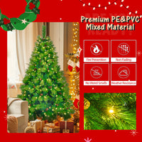 HKM-910675 6FT Grass Green Pre-Lit Christmas Tree Set with Garland and Wreath, Artificial with Pine Cones and LED Lights