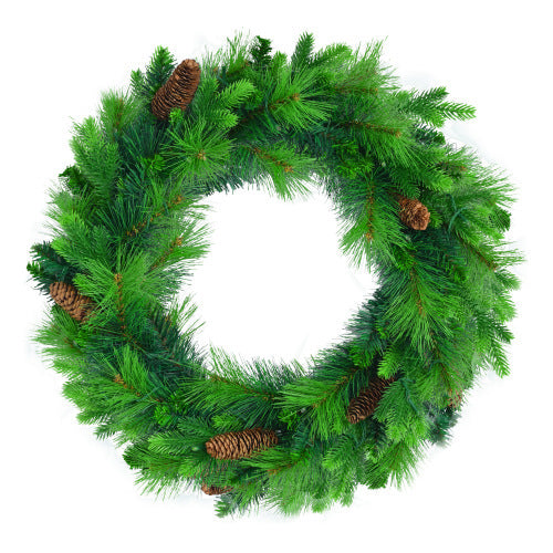 HKM-910675 6FT Grass Green Pre-Lit Christmas Tree Set with Garland and Wreath, Artificial with Pine Cones and LED Lights