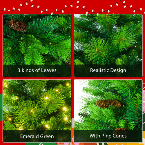HKM-910675 6FT Grass Green Pre-Lit Christmas Tree Set with Garland and Wreath, Artificial with Pine Cones and LED Lights