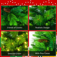 HKM-910675 6FT Grass Green Pre-Lit Christmas Tree Set with Garland and Wreath, Artificial with Pine Cones and LED Lights