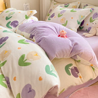 HKM-911699 Coral Velvet Four-Piece Bedding Set with Milk Fiber, Double-Sided Quilt Cover and Fitted Sheets