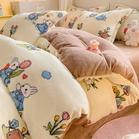 HKM-911699 Coral Velvet Four-Piece Bedding Set with Milk Fiber, Double-Sided Quilt Cover and Fitted Sheets