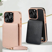 HKM-911955 Litchi Pattern Wallet Lanyard Phone Case for iPhone 14 Series and iPhone 13/12/11 Models
