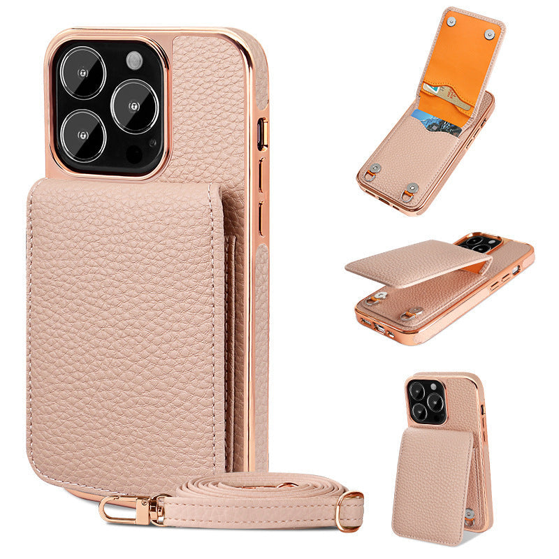 HKM-911955 Litchi Pattern Wallet Lanyard Phone Case for iPhone 14 Series and iPhone 13/12/11 Models