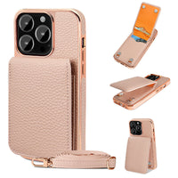 HKM-911955 Litchi Pattern Wallet Lanyard Phone Case for iPhone 14 Series and iPhone 13/12/11 Models