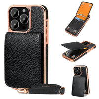 HKM-911955 Litchi Pattern Wallet Lanyard Phone Case for iPhone 14 Series and iPhone 13/12/11 Models