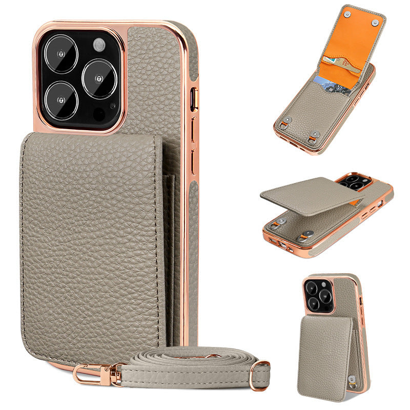 HKM-911955 Litchi Pattern Wallet Lanyard Phone Case for iPhone 14 Series and iPhone 13/12/11 Models