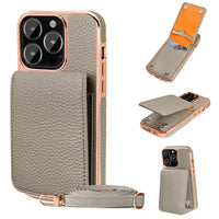 HKM-911955 Litchi Pattern Wallet Lanyard Phone Case for iPhone 14 Series and iPhone 13/12/11 Models