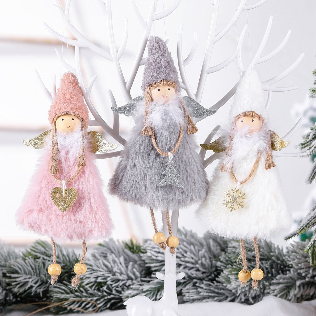 HKM-912467 Plush Girl Doll Christmas Tree Pendant - Soft Fabric Ornament in White, Pink, and Gray, 20x10cm
