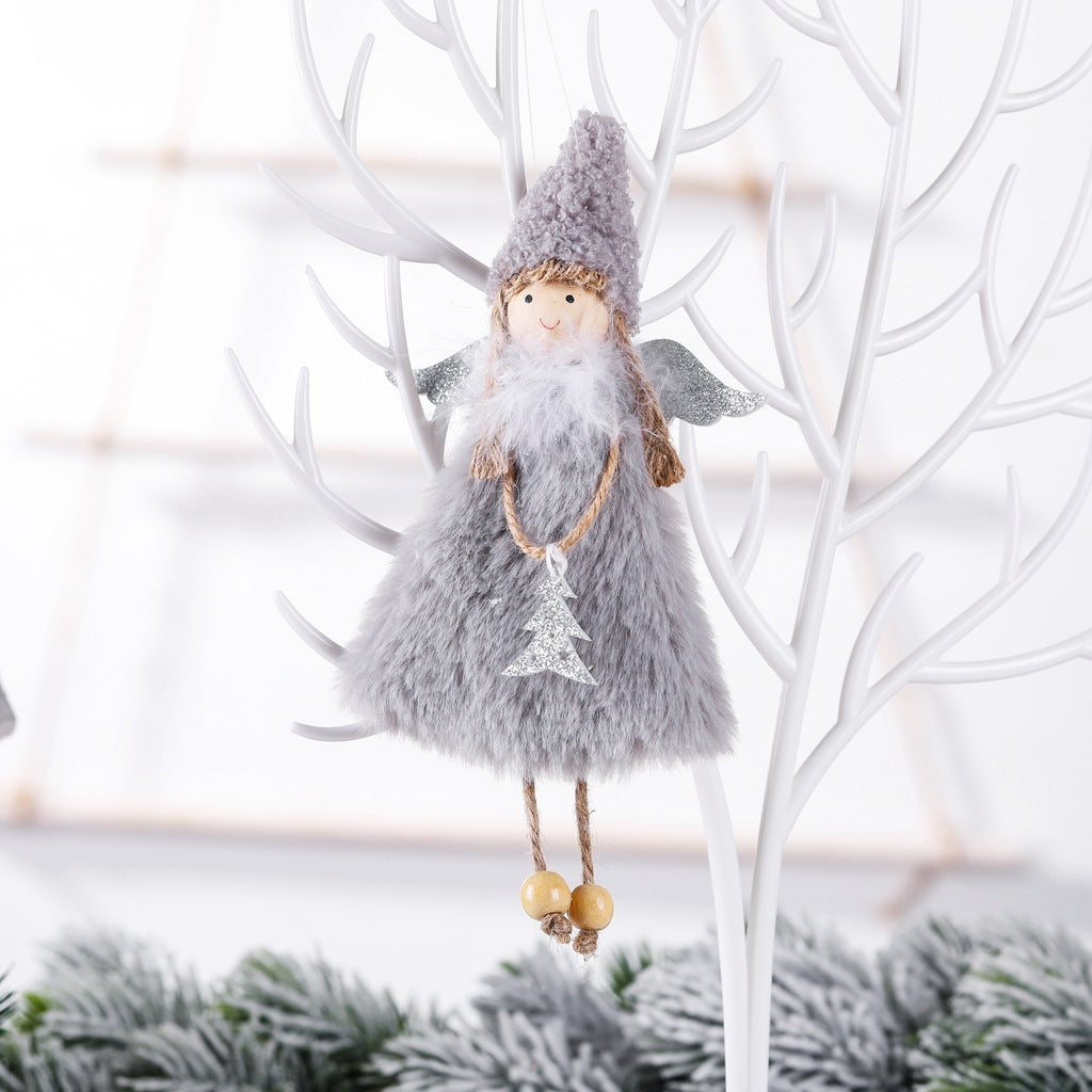 HKM-912467 Plush Girl Doll Christmas Tree Pendant - Soft Fabric Ornament in White, Pink, and Gray, 20x10cm