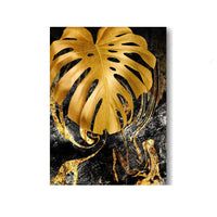 HKM-914003 Black Gold Marble Tropical Plants Canvas Art - Modern Rectangular Painting