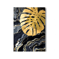 HKM-914003 Black Gold Marble Tropical Plants Canvas Art - Modern Rectangular Painting