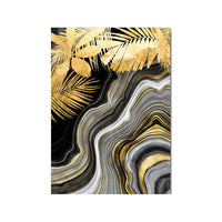 HKM-914003 Black Gold Marble Tropical Plants Canvas Art - Modern Rectangular Painting