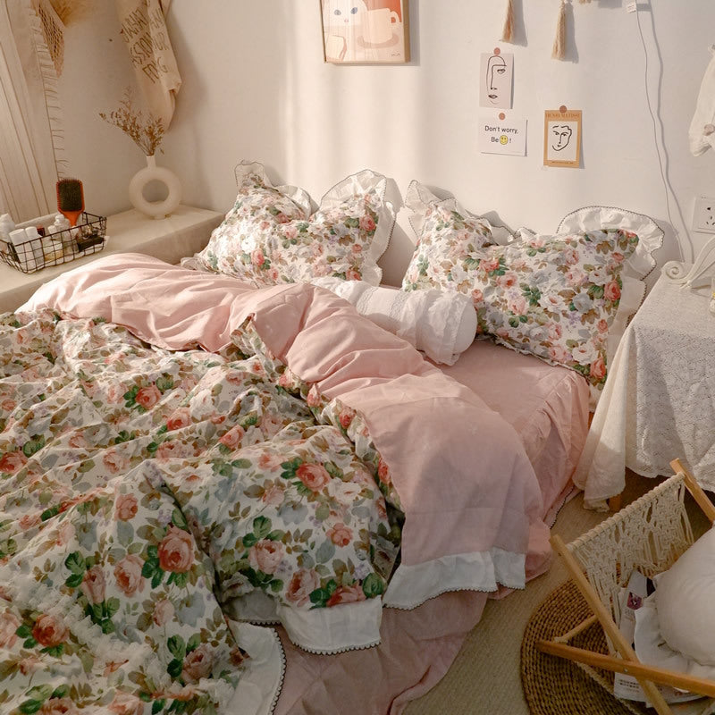 HKM-914323 Lace Floral Cotton Bed Sheet Set - Multiple Sizes Available