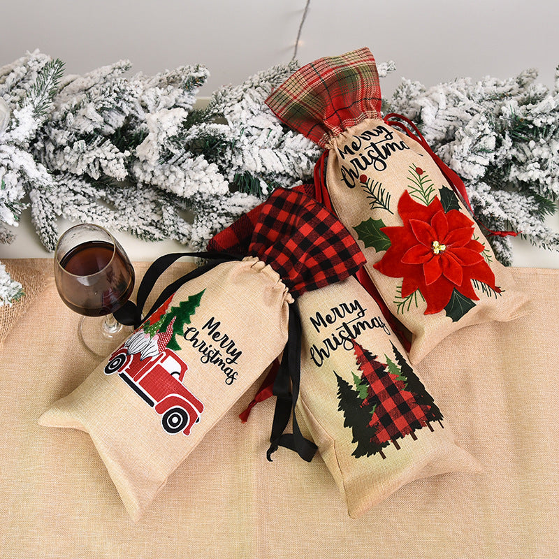 HKM-914771 Festive Christmas Wine Bottle Set in Linen Cloth - 36CM Length, 15CM Width