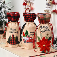 HKM-914771 Festive Christmas Wine Bottle Set in Linen Cloth - 36CM Length, 15CM Width