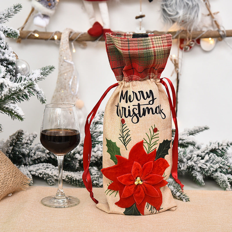 HKM-914771 Festive Christmas Wine Bottle Set in Linen Cloth - 36CM Length, 15CM Width