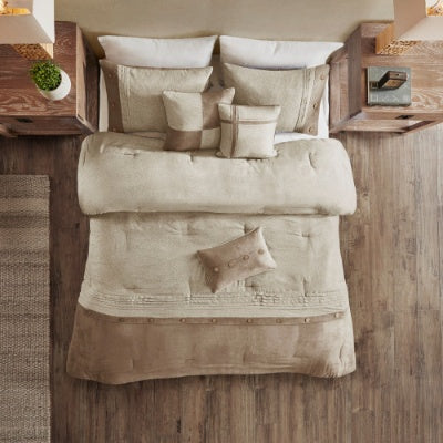 HKM-914835 Faux Suede 7-Piece Comforter Set in Grey, Tan, and Brown for King/Queen/California King Beds