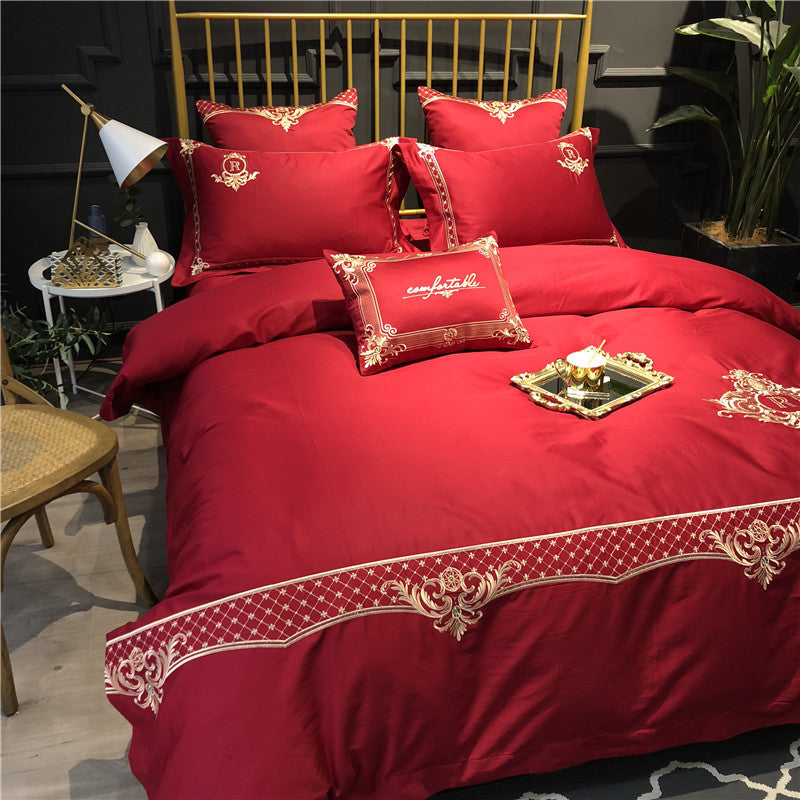 HKM-914835 Pure Cotton Four-Piece Bed Sheet Duvet Cover Set with Embroidery in Various Colors