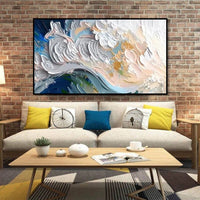 HKM-915091 Handmade Abstract Seascape Oil Painting in Green, Blue, and White – Canvas Wall Art for Home Décor