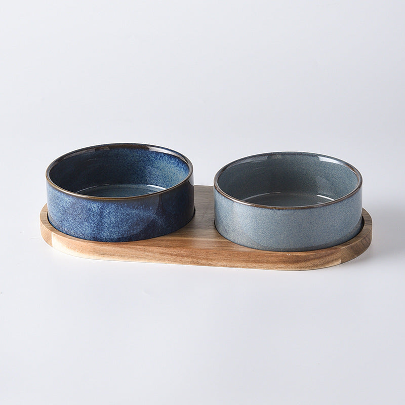 HKM-916179 Ceramic Double Pet Bowl with Anti-Tumble Design for Cats - Small & Medium Sizes Available