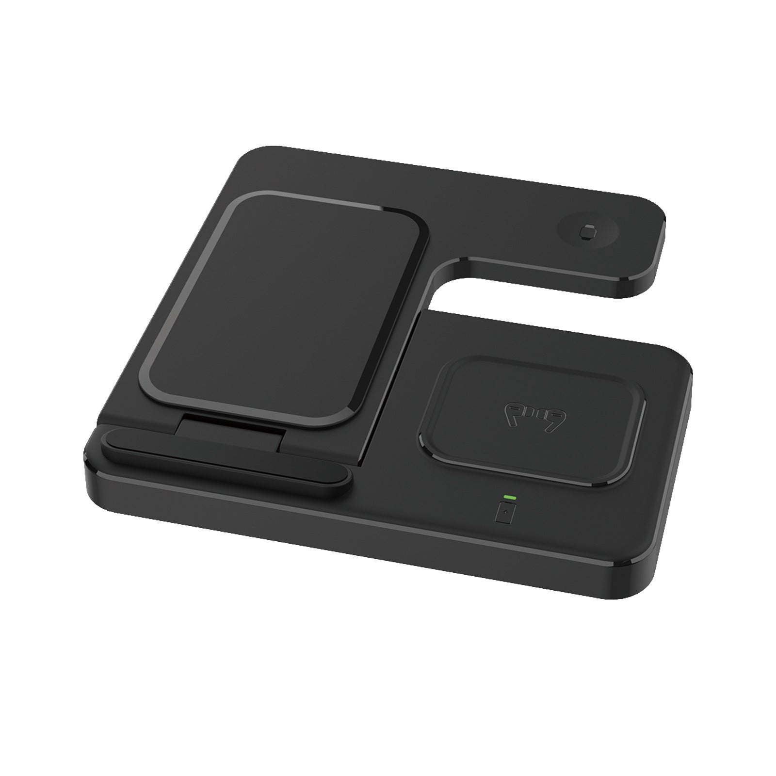 HKM-916563 Three-in-One Wireless Charger - Foldable Desktop Stand for Smartphones, Smartwatches, and Earbuds, 15W Output, Qi Certified, Black/White
