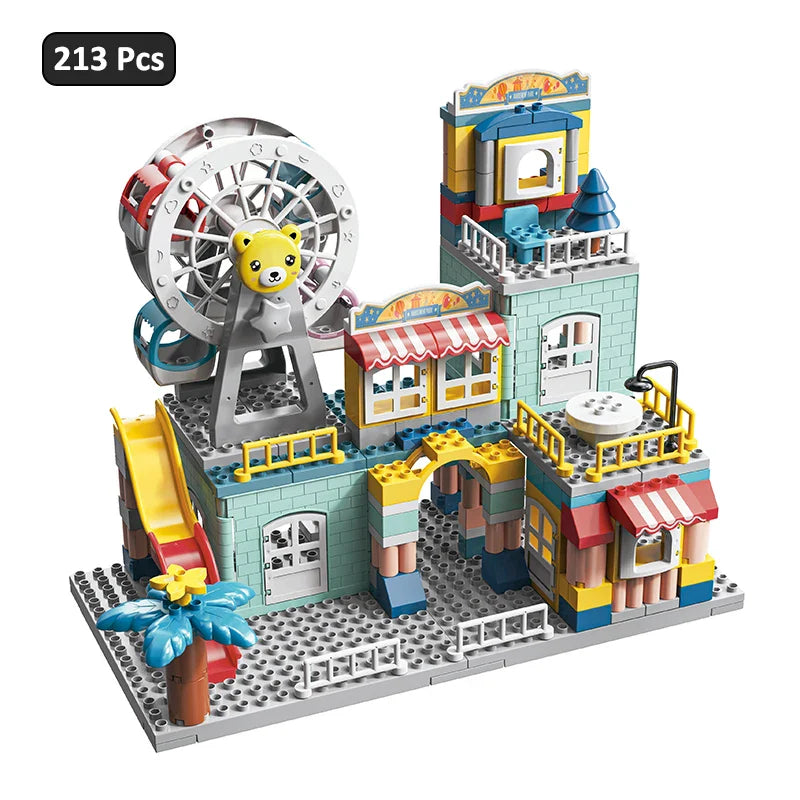 HKM-916883 DIY Assembled Building Blocks Set with Castle Track and Cartoon Cars for Ages 3 and Up