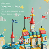 HKM-916883 DIY Assembled Building Blocks Set with Castle Track and Cartoon Cars for Ages 3 and Up