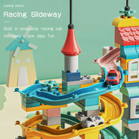 HKM-916883 DIY Assembled Building Blocks Set with Castle Track and Cartoon Cars for Ages 3 and Up